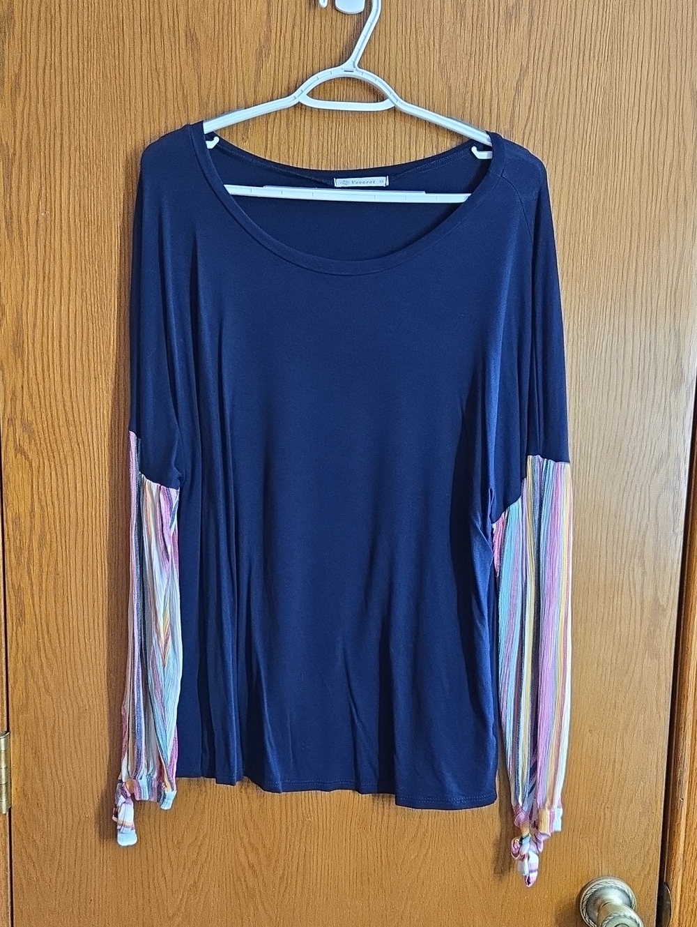 Navy Scoop Neck Top with Multicolor Stripe Sleeve Detail